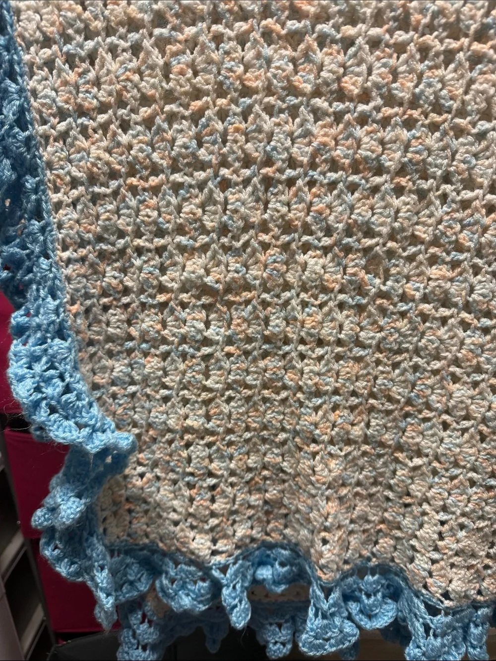 Hand-Crocheted Cream Throw Blanket with Light Blue Trim